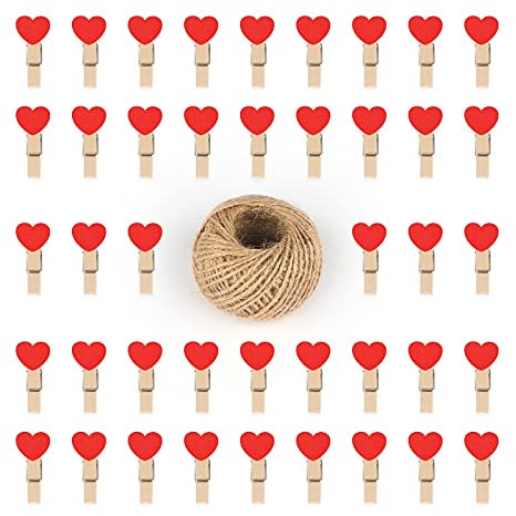 G2PLUS 100 Pinces à Linge en Bois: Mini Pince a Linge, Clips Photo en Bois, avec Bobine de Ficelle de Jute de 30 m - pour Photos, Fête Mariage