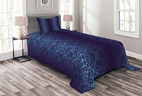 ABAKUHAUS Königsblau Tagesdecke Set, Barockes Damast-Motiv, Set mit Kissenbezügen Sommerdecke, für Einzelbetten 170 x 220 cm, Dunkelblau
