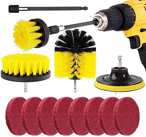 Bohrmaschine Bürstenaufsatz, Kagni 3pcs Reinigungsbürste, 8pcs Topfreiniger und eine 150mm Verlängerungsstange für Bohrmaschine und Elektroschrauber, Perfekt für die Reinigung von Auto, Küche, Fliesen