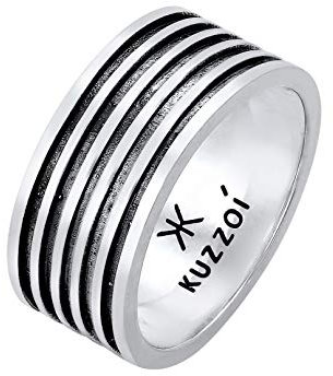 Kuzzoi Herrenring oxidiert, Bandring massiv (10 mm) in 925 Sterling Silber, Vintage Herren Schmuck Accessoire mit Rillen Struktur, Markanter Ring für Männer, Ringgröße 64, 0601762921_64