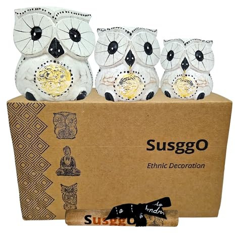 SusggO Set de 3 Buhos Decorativos de Madera, Decoracion, Tallado a Mano, Buho de la Suerte, Idea Artesania Adorno Mueble (Blanco Detalles Plateados)