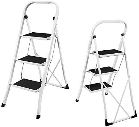 Portable Foldable 3 Step Steel Ladder – Anti Slip Feet – Heavy Duty Step Stool – 150KG Max Capacity – Safety Folding Design – 3 Step Ladder Ideal for Home/Kitchen/Garage