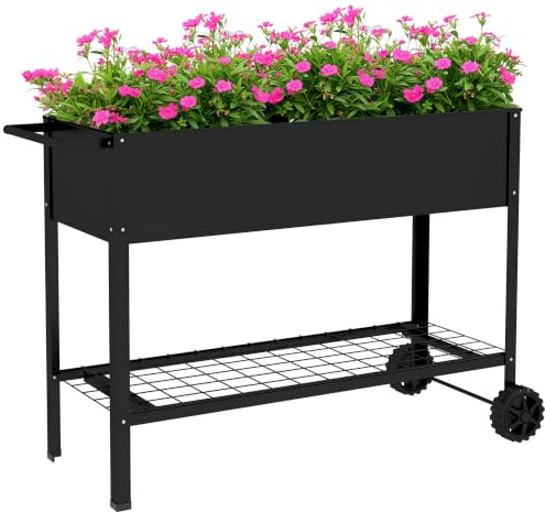 Outsunny Supporto per piante rialzato con ripiano 109x39x80 cm Nero | 2 ruote, inserto per irrigazione, metallo