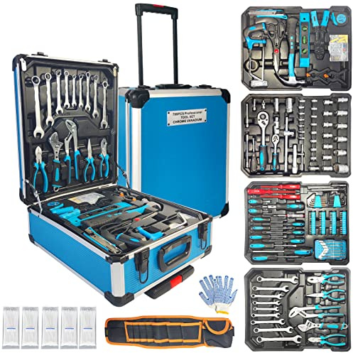 Arcwares 799-teiliges Aluminium-Trolley-Koffer-Werkzeug-Set, silberfarben, Haus-Reparatur-Set, Haushalts-Handwerkzeug-Set, mit Werkzeuggürtel