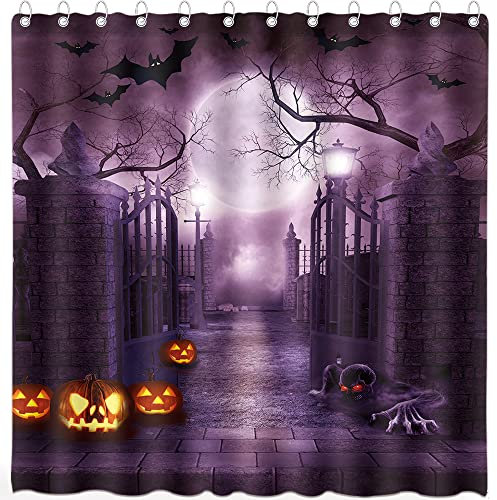 DePhoto Ensemble de rideaux de douche d'Halloween avec crochets - Citrouille violette, chauve-souris, squelette effrayant, nuit, lune, maison, salle de bain, baignoires - Facile d'entretien - Lavable