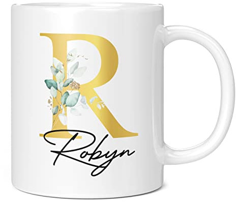 Personalised Letter R Floral Mug Initial with Name, Customised Gift, Gold Effect Printed Letter, NOT Metallic - Ceramic Coffee Cup for Men or Women, Extra Large and Giant Mug, 11oz White Cup