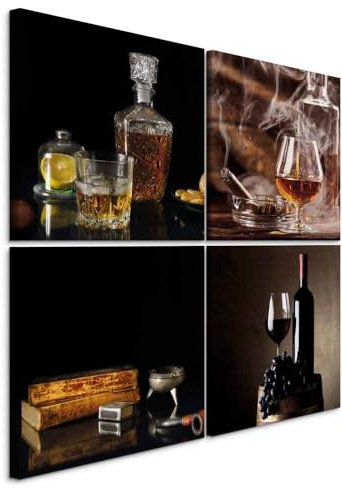 murando - Leinwandbild Set Whisky Zigarre Wein, 60x60 cm, 4-teilig, modern | Hochwertige Leinwand, sofort aufhängbar, ideal fürs Wohn- oder Schlafzimmer, wasserfest und lichtecht, langlebig, stilvoll