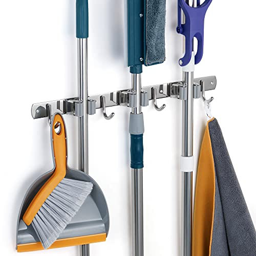 Damita Besenhalterung Wand, Mop Halter Wandhalterung Besen für Zuhause Küche Badezimmer Gartengeräte, Edelstahl rutschfest Gerätehalter wand (Silber, 3 Halter und 4 Haken)