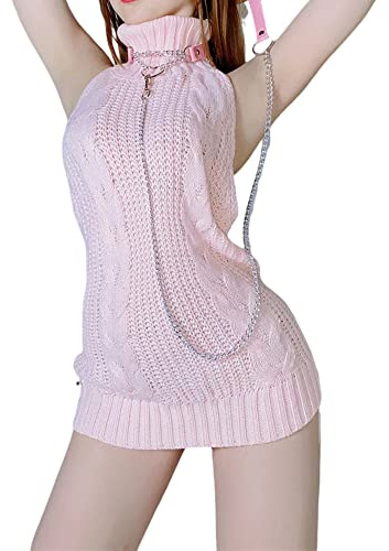 SINROYEE Womens Anime Sweater Japanese Turtleneck Knitted dress Backless Pullover Sleeveless Vest Cow spots Virgin Killer