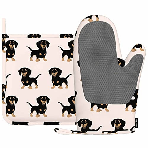 Mxocom Dackel-Silikon-Ofenhandschuhe und Topflappen-Set, handgezeichnete Hunde-Grillhandschuhe für Küche, Kochen, Backen, Grillen