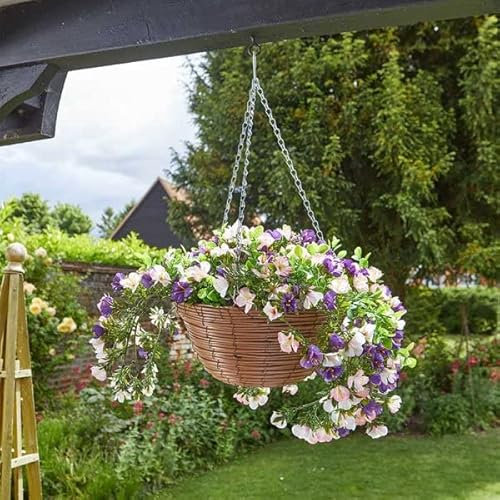 Garden Mile 12'' Artificial Flower Hanging Basket Garden Planter with Rattan Basket Fake Flowers Petunias Hanging Plant Pot Outdoor Decoration Large Wicker Basket with Fake Flowers