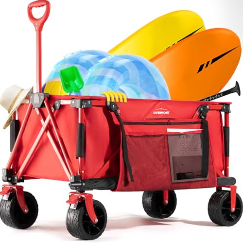 Overmont 150kg Festival Camping Trolley on Wheels - Heavy Duty Folding Beach Wagon Cart with Extra Wide Wheels, Adjustable Handle, Portable for Outdoor, Garden, Shopping, Fishing - Red