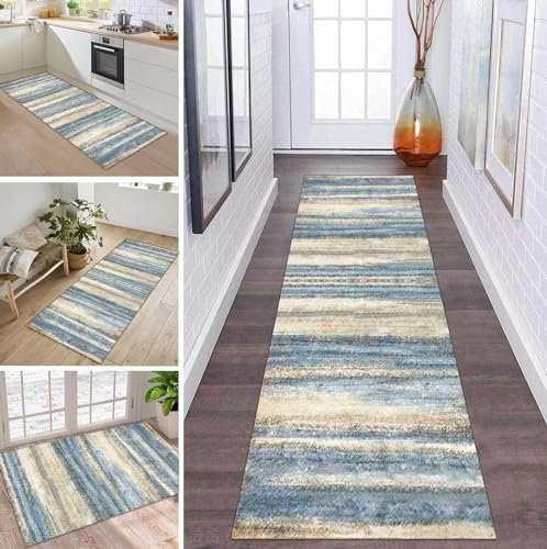 ZDYHMrj Teppich Läufer Flur Küche rutschfest waschbar Teppichläufer Lang Blau 80X350CM Modern Design Meterware Korridor Tepiche Esszimmer Schlafzimmer Wohnzimmer Schmutzfangmatte Küchenteppich