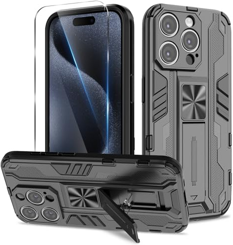 Btstring Case for iPhone 15 Pro and Screen Protector Tempered Glass, Shockproof Phone Case with Stand, Heavy Duty Personalised Case Cover Support Magnetic Car Holder, Black