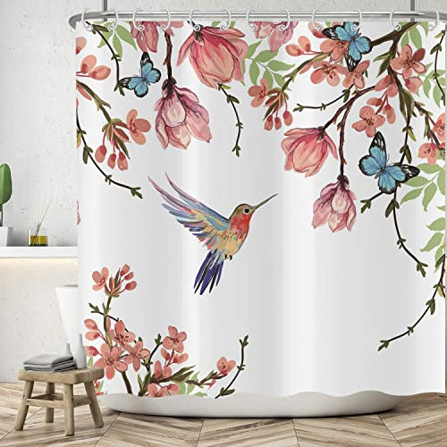 ASDCXZ Blumen Duschvorhang 180x180 cm, Frühling Rose Blumen Grün Blätter Blau Schmetterling Bunt Vogel Bad Waschbar Duschvorhänge Polyester Textil Wasserdicht Badevorhang für Badewanne mit 12 Haken