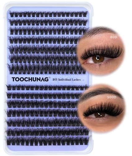 Ciglia finte a grappolo 80D + 100D, spesse, singole extension per ciglia da 10-18 mm, extension per ciglia fai da te, curvatura a D, ciuffetti individuali, 252 ciuffetti di ciglia TOOCHUNAG