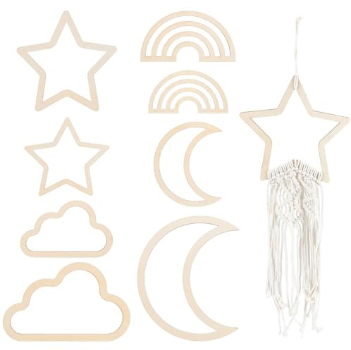 BENECREAT 8 Stück 4 Stile Holzumrisse, Mond Stern Wolken Und Regenbogen-Holz-Makramee-Rahmen, Kunstrahmen Weben Makramee Für DIY-Handwerk, Herstellung von Boho-Stil, 3.5 mm Dick