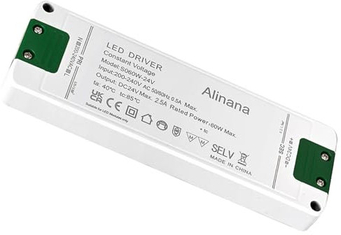 Alinana Transformador de 220V a 24V 60W, Transformador LED de 24V de Voltaje Constante 2,5A, Transformador LED Ultrafino, Sin Parpadeo Driver para Tira LED 24V de Luces y Bombilla G4, MR11, MR16