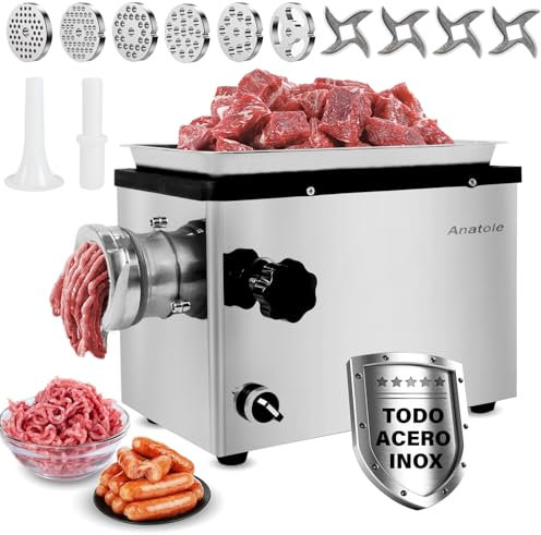 Anatole Hachoir a Viande Électrique Professionnel 1300W Acier inoxydable Intégral Farce à Saucisse Multifonctions avec 4/6/8/10/12mm/3-Trous Plaques de Broyage 1 Remplisseur de Saucisses 4 Lames 220V