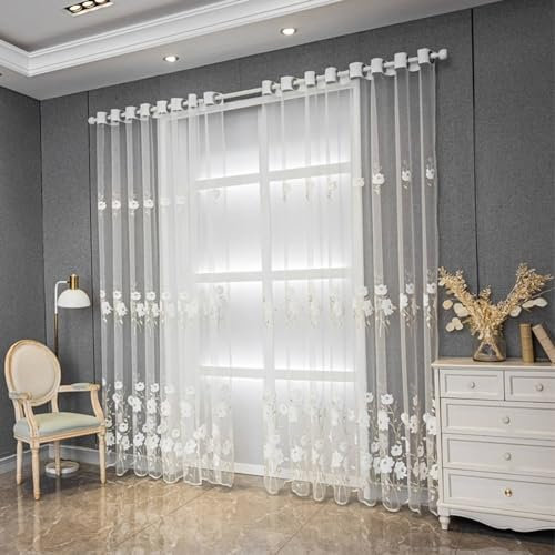 Homxi Voile Vorhang Wohnzimmer 2er Set,2 x 137W x 229H cm,Vorhang Transparente Gardine Weiß Blumen Stickmuster Gardinen Nach Maß mit Ösen