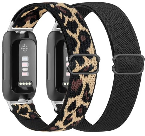 Oumida 2 Stück Kompatibel mit Fitbit inspire 3 Armband für Damen Herren, Weiches Elastisch Sport Nylon Ersatzarmband für Fitbit inspire 3 Armband (Schwarz+Leopard)