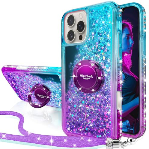 Silverback for iPhone 16 Pro Case, Liquid Holographic Sparkly Glitter Case with Stand and Lanyard, Women Girls Bling Diamond Ring Shockproof Protective Cover for iPhone 16 Pro 6.3''- Purple