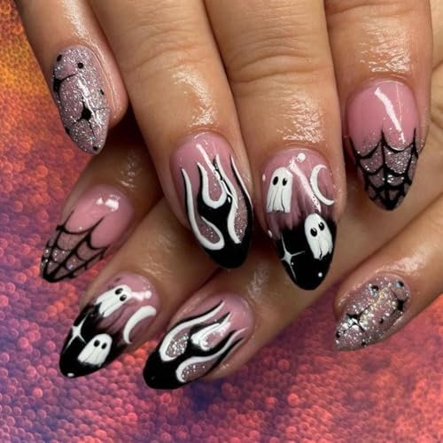 Danshinbow 24 PZ Halloween Stampa sulle Unghie Mandorla Chiodi Falsi Zucca Fantasma Spider Web Design Carino Falsi Chiodi Lucide per le Donne (Rosa C, Taglia unica)