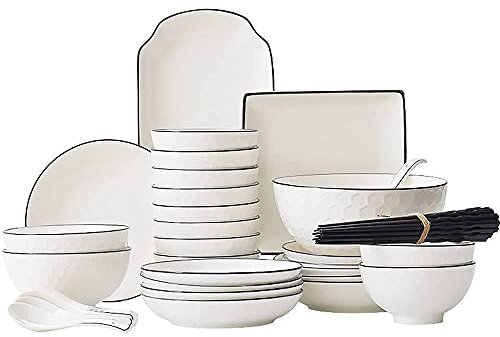 QUSYZD Service de Table en Porcelaine 56 pièces – Ensembles d'assiettes et de Bols pour 10 Personnes, Service de Vaisselle de Luxe en céramique, Motif Diamant Ligne Noire de sty,