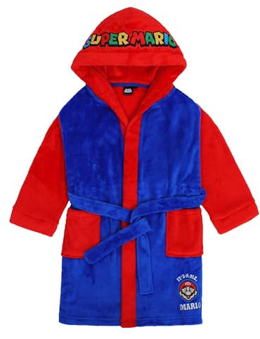 Super Mario Kinder Bademantel Morgenmantel, flauschig, Coral Fleece mit Kapuze, Logo, Junge, Mädchen (DE/NL/SE/PL, Numerisch, 116, Regular, Blau-Rot)