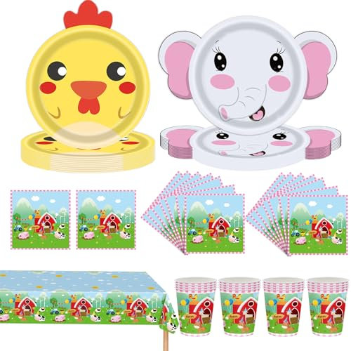 SHRADS 57-Piece Farm Party Tableware, Animal, Cartoon Party Tableware Set, Perfect for Birthdays, Picnics, Includes Plates, Cups, Napkins, Tablecloths