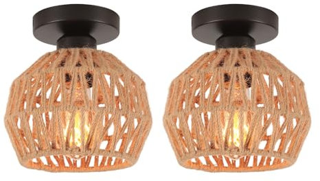 LIGKIN 2 Pezzi Plafoniera Vintage E27 Lampadario Soffitto Industriale Gabbia Metallica e Corda di Canapa Plafoniera Retro Lampada da soffitto per Corridoio Salone Cucina Soggiorno, Ø16CM