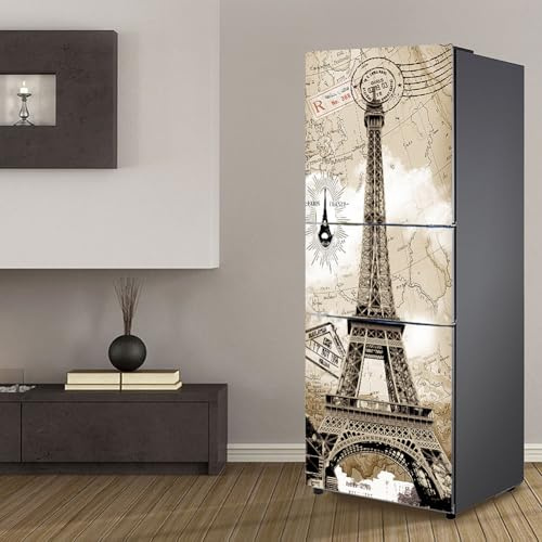 HD DIY Fridge Sticker,Fridge Wraps Kitchen Fridge Stickers Cover Full Doors,Fridge Sticker Full Covering Door Fridge Covers Skins Wall Stickers for Kitchen Decal,Retro Map Eiffel Tower(S: 60x150 cm)