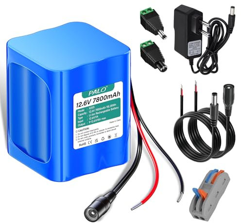 Mspalocell Batteria 12.6V 7800mAh ioni litio con caricabatterie e adattatore linea e connettore collegamento,per pannello solare,videocamere,videosorveglianza,router domestico,sistemi di allarme