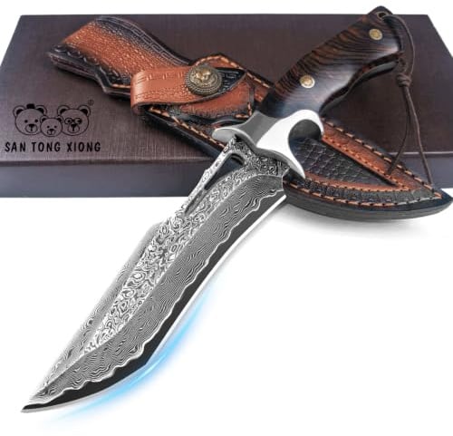 Couteau outdoor lame fixe 26,4 cm, couteau artisanal avec étui en cuir, acier damas 67 couches avec noyau VG10 et manche en bois, outil pour camping, bushcraft et activités en plein air