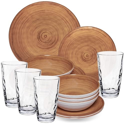 Melamin Geschirr Set Braun für 4 Personen - 16 Teile mit klaren Trinkgläsern 460 ml aus Acryl Steingutoptik Spülmaschinengeeignet Campingzubehör Campinggeschirr Wohnwagen Camping Festival