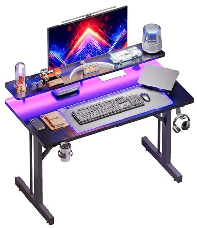 Grandder 100 cm Gaming Desk with LED Lights & Power Outlets, Computer Desk with Monitor Stands, Gamer Table with Hook and Cup Holder, Black