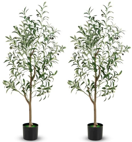 GIANTEX Juego de 1/2 Árboles de Olivo Artificiales, Planta Falsa de 130 cm con Hojas y Frutos Realistas, Tronco Resistente de PE y Base Estable, Planta Decorativa para Interior y Exterior (2)