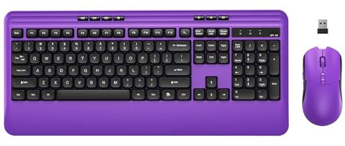 KOPJIPPOM Wireless Keyboard and Mouse Set with Quiet Keys, 2.4G Full Size Purple Keyboard and Mouse with Wrist Rest, Protective Covers, Soft Touch Silent Design for Windows, Computer, PC and Laptop