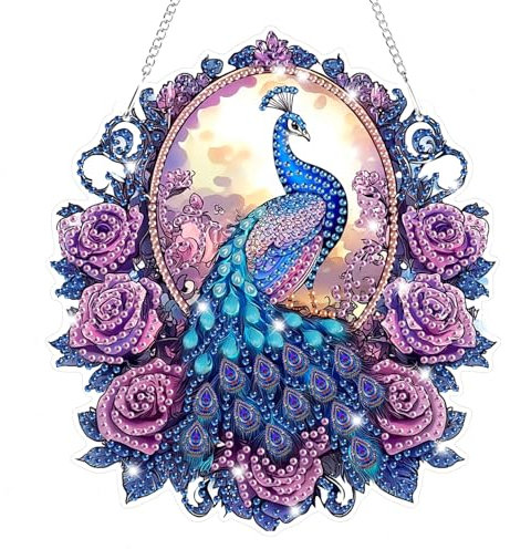 Lxmsja 5D Diamond Painting Anhänger Pfau, Blume Diamond Painting Fensterbilder Beidseitig für Erwachsene Kinder, Bastelset Kreativ Set, Hängend Ornament Kranz Tür Fenster Wand Eingang Decor