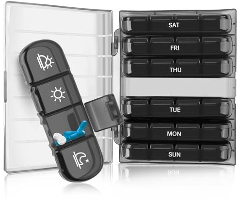Tablettenbox 7 Tage Morgens Abends, Pillendose 7 Tage 4 Fächer | Feuchtigkeitsbeständiger Medikamentenbox, Handlicher Medikamenten Organizer für Vitamine, Fischöl und Medikamente