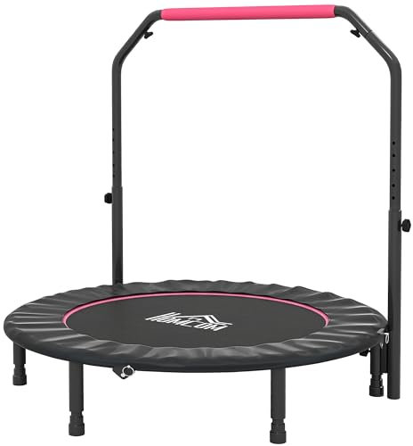 HOMCOM 48 Foldable Mini Trampoline Fitness Trampoline Rebounder for Adults with Adjustable Foam Handle, for Indoors, Outdoors, Cardio Training, Pink
