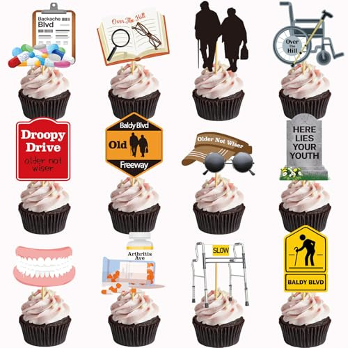 36 PCS Over The Hill Cupcake Toppers Old Age Birthday Cake Decorations Over The Hill Birthday Decorations Funny Old People Gag Gifts for Men Women Retirement Party Supplies