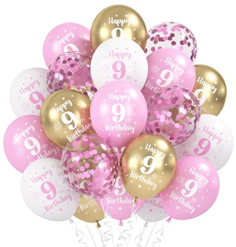 Luftballons 9.Geburtstag Deko, 30 Stück Latex Ballon 9. Geburtstag Mädchen, Happy 9th Birthday Ballons Rosa Weiß Gold, Kinder Birthday Party Deko