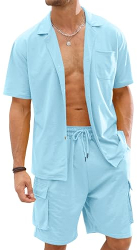 Fastkoala Homme Ensemble Sets Ete Tenues Survêtement Costumes Plage Vacances Bouton Lapel Chemises et Shorts 2 Pcs Bleu clair M
