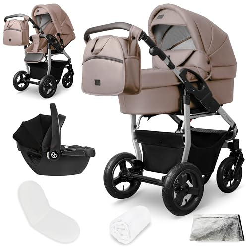 Bergsteiger Capri Kombikinderwagen 3-in-1 Babywanne Sportsitz Babyschale | Komfortables Reisesystem ab Geburt mit Luftreifen Rahmenfederung verstellbarem Griff Platzsparend faltbar und Wickeltasche