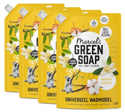 Marcel’s Green Soap - Universal Washing Liquid Refill Vanilla & Cotton – Laundry Detergent Refill – White and coloured laundry - Vegan - 92 washes - 1L (Pack of 4)