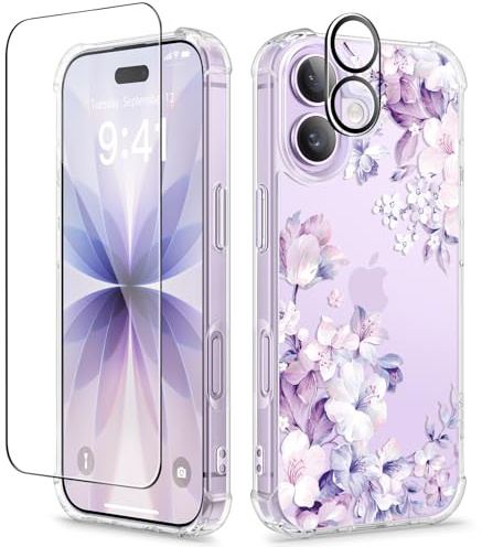 GVIEWIN Kompatibel mit iPhone 17 Hülle 6,3 2025, mit Displayfolie & Kameraschutz, Stoßfest Militärschutz Kratzfest Klar Nie Vergilbung Blumen Dünn Schutzhülle Handyhülle Frauen,Blatt/Lila