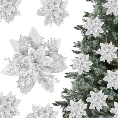 Jiusely Silver Christmas Artificial Poinsettia Flowers Glitter Flowers 16PCS Xmas Poinsettia Flower Decoration Large Christmas Tree Ornaments Xmas Garland Wreaths DIY Decor