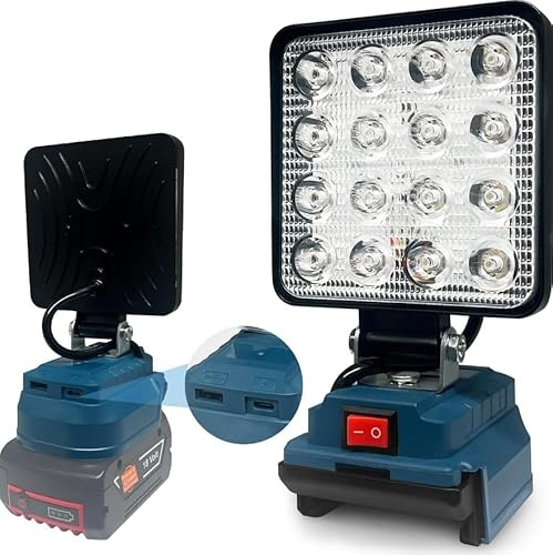 Qivine Lámpara de Trabajo para BOSCH 18V, 48W Foco LED Inalámbrica, Linterna de Trabajo con Conector de Tipo C y Carga USB, para Camping, Reparación de Vehículos, Emergencias (18V Azul Bosch)