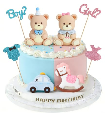 XRVRILE 8 Stück Gender Reveal Party Deko, Boy or Girl Tortendeko Babyparty mit Glitzer Kleid, Strampler, Teddybär, Schaukelpferd und Auto für Taufe Hochzeiten Geburtstag